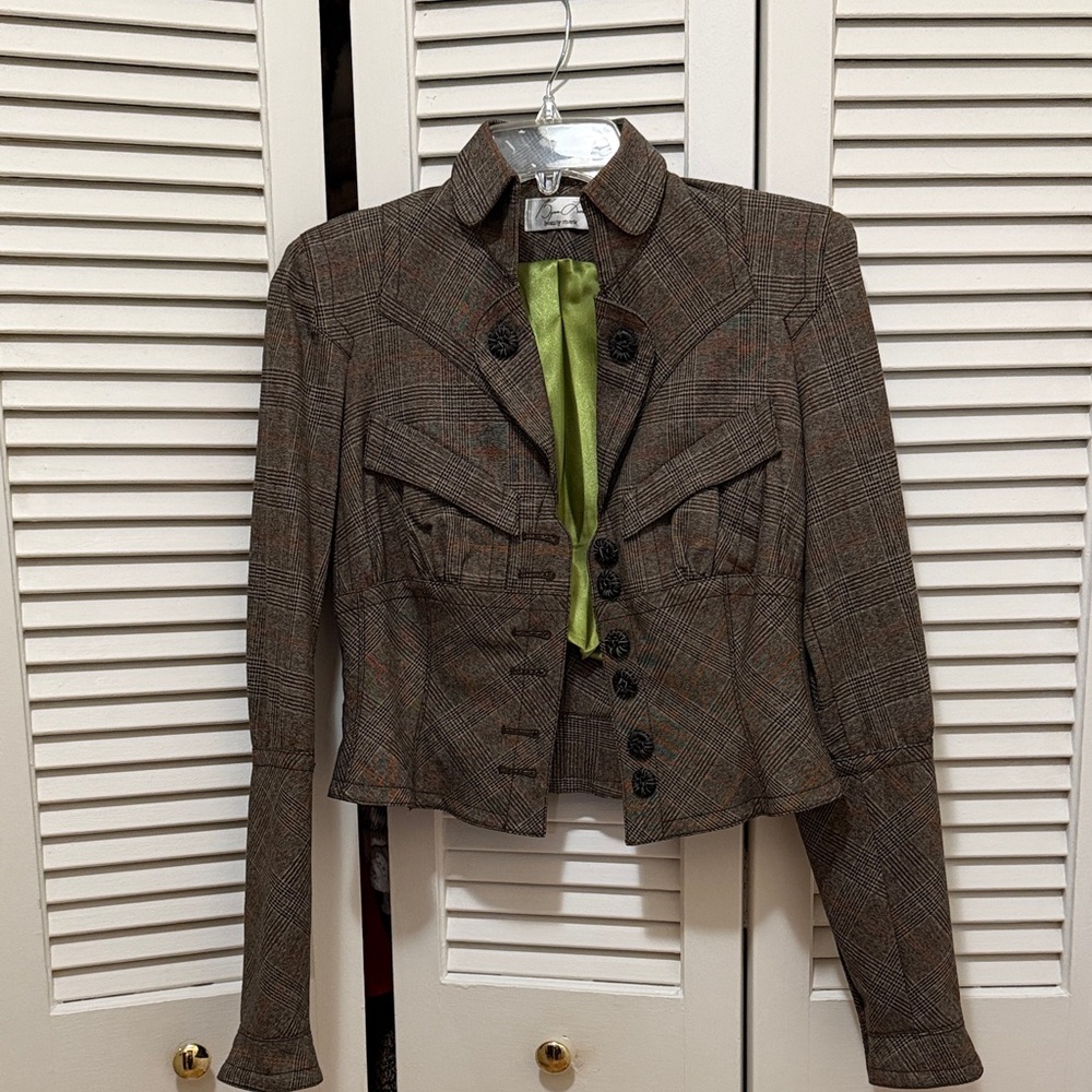 Byron Lars Brown Plaid Blazer with Green Lining size 4